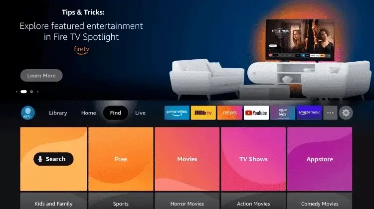FireStick home screen showing Find option highlighted