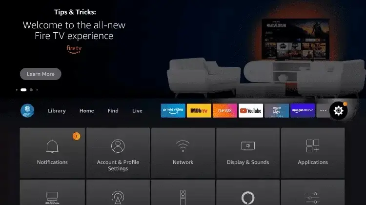 FireStick home screen with Settings highlighted